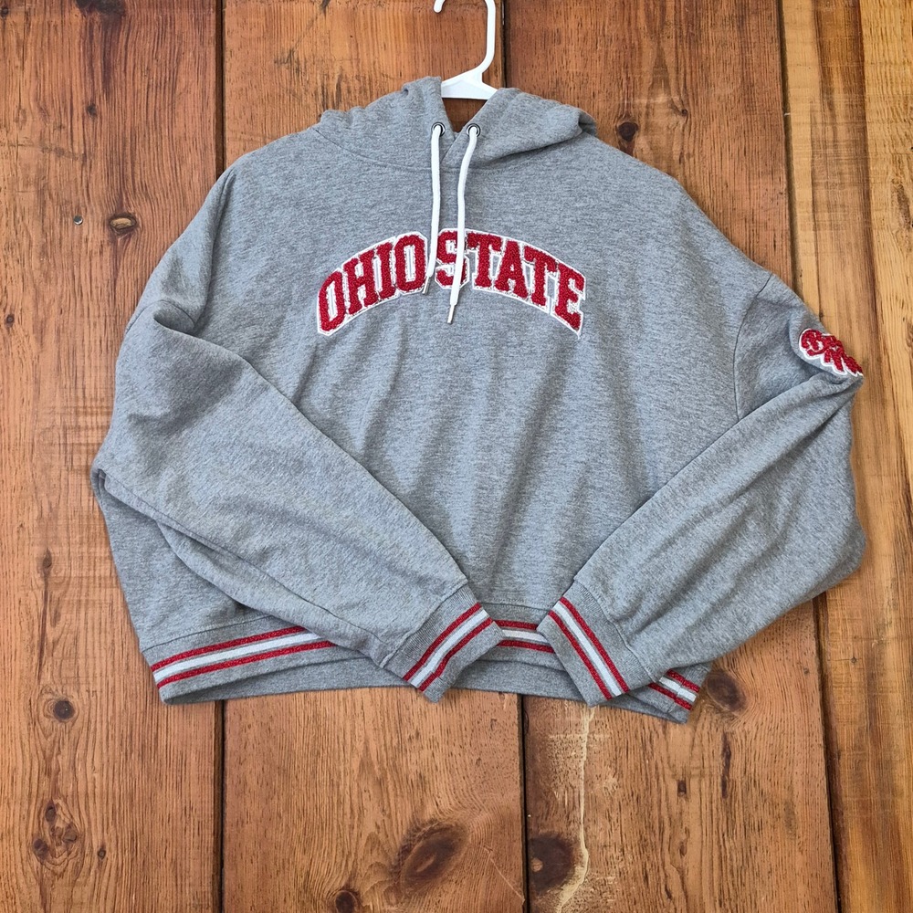 The Wild Collective Ohio State Buckeyes Grey Cropped Hoodie Chenille Patch Large